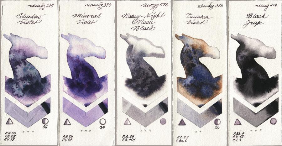 Roman Szmal Aquarius 336 Shadow Violet vs 334 Mineral Violet vs Holbein Artists Watercolor 572 Rainy-Night Moon Back vs Shminke Horadam Aquarell 983 Tundra Violet vs Rosa Gallery 747 Black Grape watercolor swatch