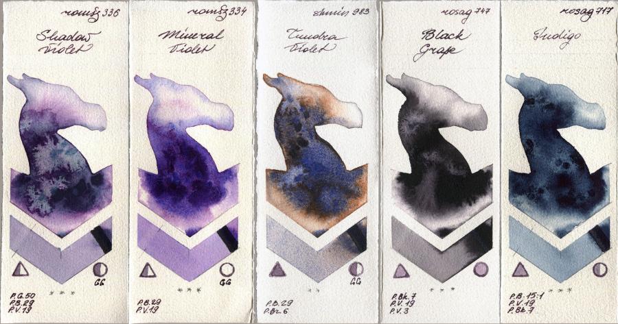 Roman Szmal Aquarius 336 Shadow Violet vs 334 Mineral Violet vs Shminke Horadam Aquarell 983 Tundra Violet vs Rosa Gallery 747 Black Grape vs 717 Indigo watercolor swatch