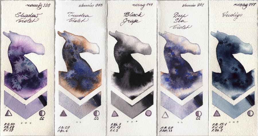 Roman Szmal Aquarius 336 Shadow Violet vs Shminke Horadam Aquarell 983 Tundra Violet vs Rosa Gallery 747 Black Grape vs 951 Deep Sea Violet vs 717 Indigo watercolor swatch