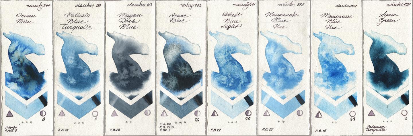 Roman Szmal Aquarius 344 Ocean Blue, Daniel Smith 247 Phthalo Blue Turquoise, 213 Mayan Dark Blue, Rosa Gallery 762 Azure Blue, 411 Cobalt Blue Light, Winsor & Newton Professional 379 Manganese Blue Hue, 051 Manganese Blue Hue, 697 Aqua Gre watercolor swatch
