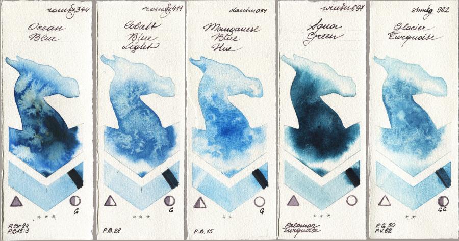 Roman Szmal Aquarius 344 Ocean Blue vs 411 Cobalt Blue Light vs Daniel Smith 051 Manganese Blue Hue vs Winsor & Newton Professional 697 Aqua Green vs Shminke Horadam Aquarell 962 Glacier Turquoise watercolor swatch