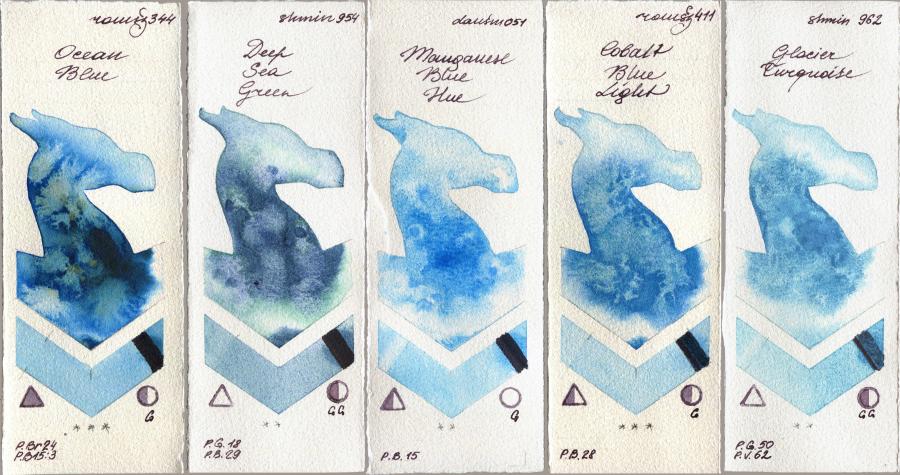 Roman Szmal Aquarius 344 Ocean Blue vs Shminke Horadam Aquarell 954 Deep Sea Green vs Daniel Smith 051 Manganese Blue Hue vs 411 Cobalt Blue Light vs 962 Glacier Turquoise watercolor swatch