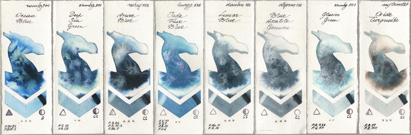 Roman Szmal Aquarius 344 Ocean Blue, Shminke Horadam Aquarell 954 Deep Sea Green, Rosa Gallery 762 Azure Blue, Holbein Artists Watercolor 532 Jade Vine Blue, Daniel Smith 183 Lunar Blue, 196 Blue Apatite Genuine, 963 Glacier Green, Mijello Mission Gold 827 Oxide Turquoi watercolor swatch
