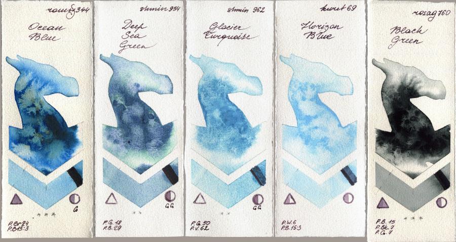 Roman Szmal Aquarius 344 Ocean Blue vs Shminke Horadam Aquarell 954 Deep Sea Green vs 962 Glacier Turquoise vs Kuretake Gansai Tambi 69 Horizon Blue vs Rosa Gallery 760 Black Green watercolor swatch