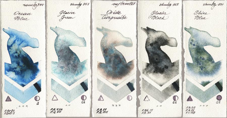 Roman Szmal Aquarius 344 Ocean Blue vs Shminke Horadam Aquarell 963 Glacier Green vs Mijello Mission Gold 827 Oxide Turquoise vs 965 Glacier Black vs 934 Shire Blue watercolor swatch