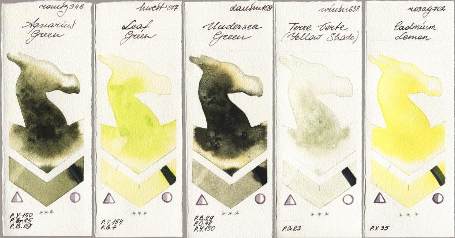 Roman Szmal Aquarius 346 Aquarius Green vs Holbein Artists Watercolor 077 Leaf Green vs Daniel Smith 109 Undersea Green vs Winsor & Newton Professional 638 Terre Verte (Yellow Shade) vs Rosa Gallery 702 Cadmium Lemon watercolor swatch