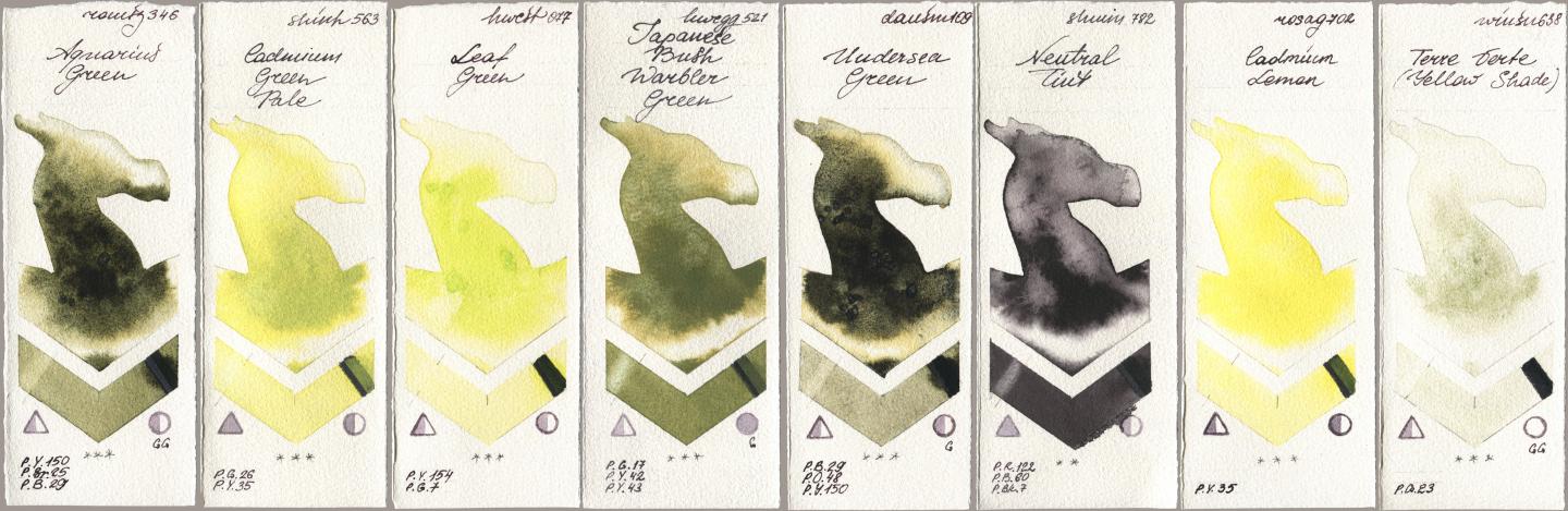 Roman Szmal Aquarius 346 Aquarius Green, Shinhan PWC 563 Cadmium Green Pale, Holbein Artists Watercolor 077 Leaf Green, 521 Japanese Bush Warbler Green, Daniel Smith 109 Undersea Green, Shminke Horadam Aquarell 782 Neutral Tint, Rosa Gallery 702 Cadmium Lemon, Winsor & Newton Professional 638 Terre Verte (Yellow Shad watercolor swatch