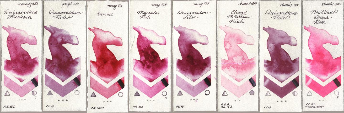 Roman Szmal Aquarius 358 Quinacridone Fuchsia, Golden QOR 280 Quinacridone Violet, Rosa Gallery 708 Carmine, 709 Magenta Rose, 727 Quinacridone Lilac, Kuretake Gansai Tambi 014 Cherry Blossom Pink, Shminke Horadam Aquarell 368 Quinacridone Violet, 920 Brilliant Opera Ro watercolor swatch