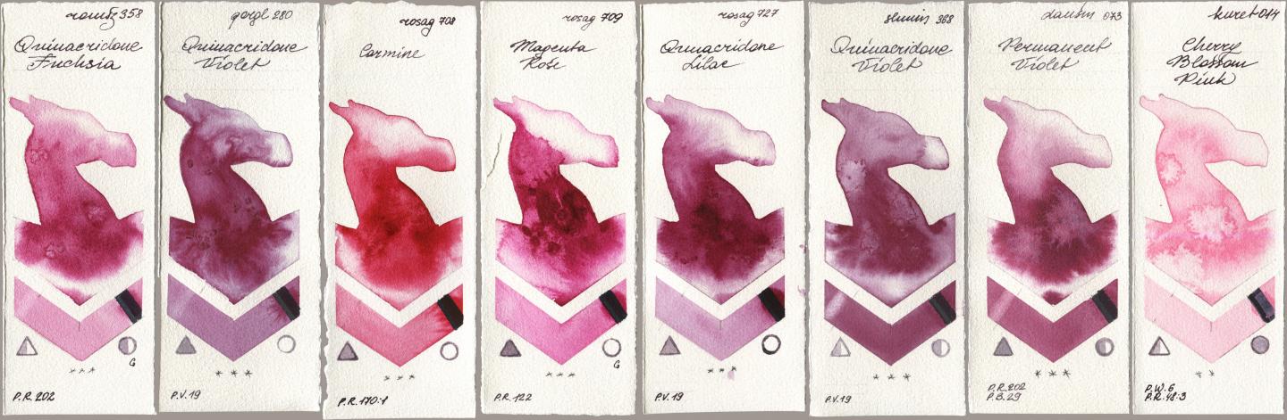 Roman Szmal Aquarius 358 Quinacridone Fuchsia, Golden QOR 280 Quinacridone Violet, Rosa Gallery 708 Carmine, 709 Magenta Rose, 727 Quinacridone Lilac, Shminke Horadam Aquarell 368 Quinacridone Violet, Daniel Smith 073 Permanent Violet, Kuretake Gansai Tambi 014 Cherry Blossom Pi watercolor swatch