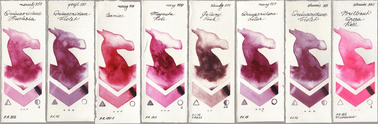 Roman Szmal Aquarius 358 Quinacridone Fuchsia, Golden QOR 280 Quinacridone Violet, Rosa Gallery 708 Carmine, 709 Magenta Rose, Shminke Horadam Aquarell 971 Galaxy Pink, 727 Quinacridone Lilac, 368 Quinacridone Violet, 920 Brilliant Opera Ro watercolor swatch