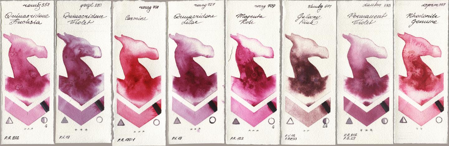 Roman Szmal Aquarius 358 Quinacridone Fuchsia, Golden QOR 280 Quinacridone Violet, Rosa Gallery 708 Carmine, 727 Quinacridone Lilac, 709 Magenta Rose, Shminke Horadam Aquarell 971 Galaxy Pink, Daniel Smith 073 Permanent Violet, 167 Rhodonite Genui watercolor swatch