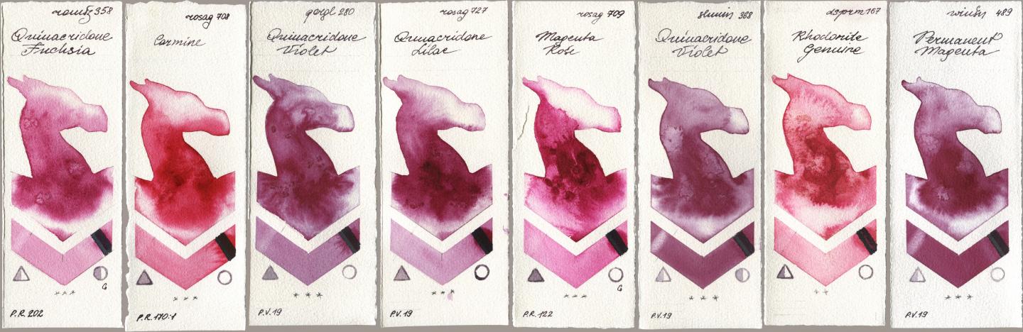Roman Szmal Aquarius 358 Quinacridone Fuchsia, Rosa Gallery 708 Carmine, Golden QOR 280 Quinacridone Violet, 727 Quinacridone Lilac, 709 Magenta Rose, Shminke Horadam Aquarell 368 Quinacridone Violet, Daniel Smith 167 Rhodonite Genuine, Winsor & Newton Professional 489 Permanent Magen watercolor swatch