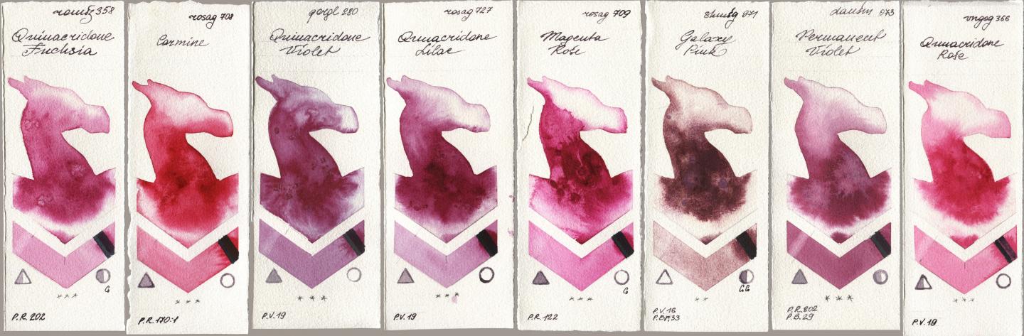 Roman Szmal Aquarius 358 Quinacridone Fuchsia, Rosa Gallery 708 Carmine, Golden QOR 280 Quinacridone Violet, 727 Quinacridone Lilac, 709 Magenta Rose, Shminke Horadam Aquarell 971 Galaxy Pink, Daniel Smith 073 Permanent Violet, Royal Talens Van Gogh Watercolour 366 Quinacridone Ro watercolor swatch