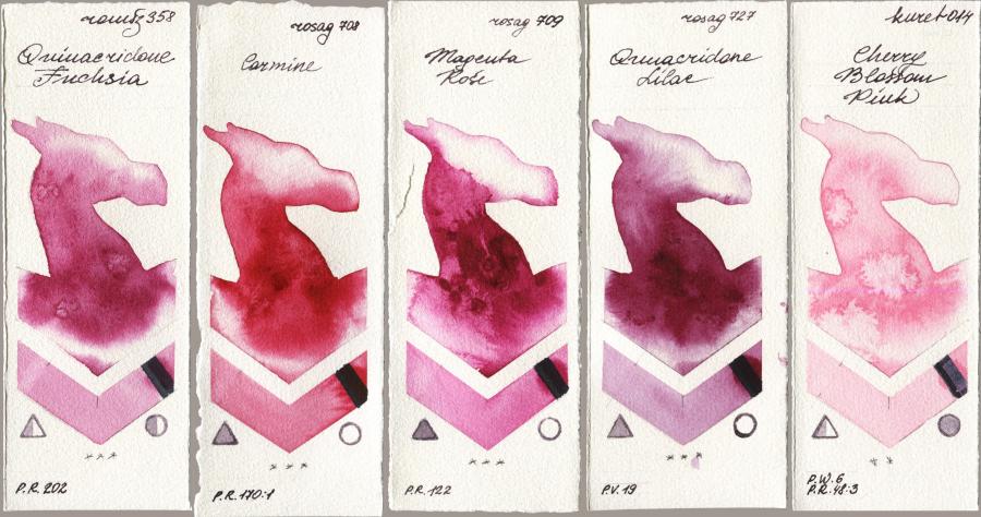 Roman Szmal Aquarius 358 Quinacridone Fuchsia vs Rosa Gallery 708 Carmine vs 709 Magenta Rose vs 727 Quinacridone Lilac vs Kuretake Gansai Tambi 014 Cherry Blossom Pink watercolor swatch