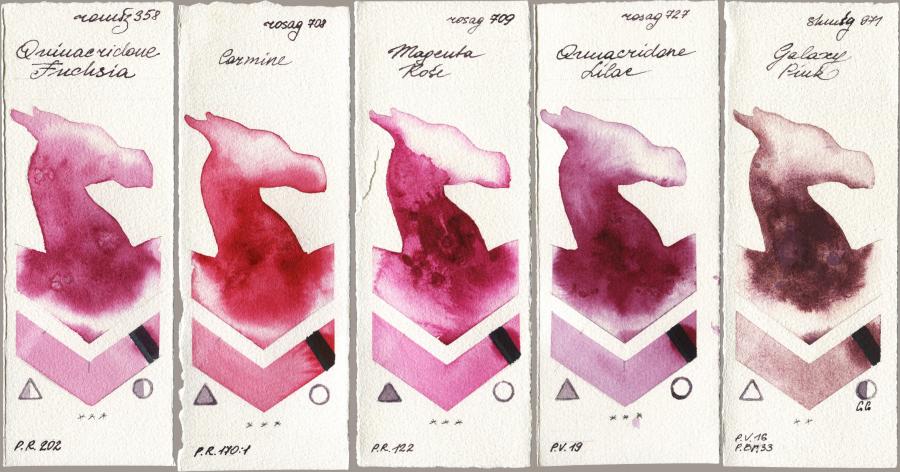 Roman Szmal Aquarius 358 Quinacridone Fuchsia vs Rosa Gallery 708 Carmine vs 709 Magenta Rose vs 727 Quinacridone Lilac vs Shminke Horadam Aquarell 971 Galaxy Pink watercolor swatch