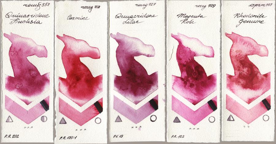Roman Szmal Aquarius 358 Quinacridone Fuchsia vs Rosa Gallery 708 Carmine vs 727 Quinacridone Lilac vs 709 Magenta Rose vs Daniel Smith 167 Rhodonite Genuine watercolor swatch