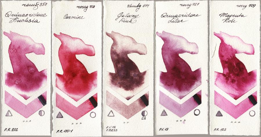 Roman Szmal Aquarius 358 Quinacridone Fuchsia vs Rosa Gallery 708 Carmine vs Shminke Horadam Aquarell 971 Galaxy Pink vs 727 Quinacridone Lilac vs 709 Magenta Rose watercolor swatch