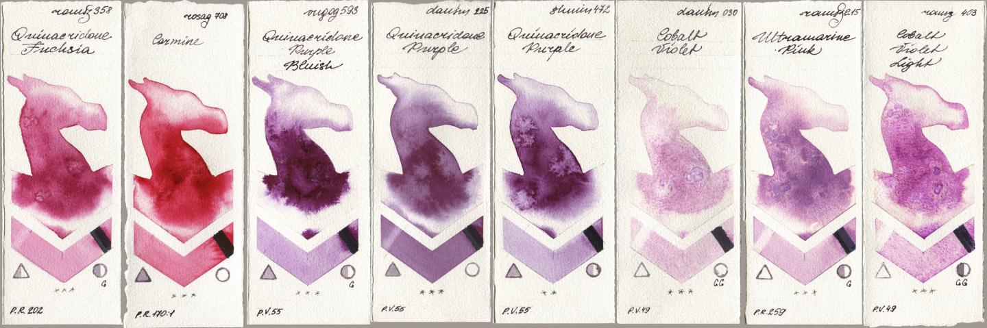Roman Szmal Aquarius 358 Quinacridone Fuchsia, Rosa Gallery 708 Carmine, Royal Talens Van Gogh Watercolour 593 Quinacridone Purple Bluish, Daniel Smith 225 Quinacridone Purple, Shminke Horadam Aquarell 472 Quinacridone Purple, 030 Cobalt Violet, 215 Ultramarine Pink, 403 Cobalt Violet Lig watercolor swatch