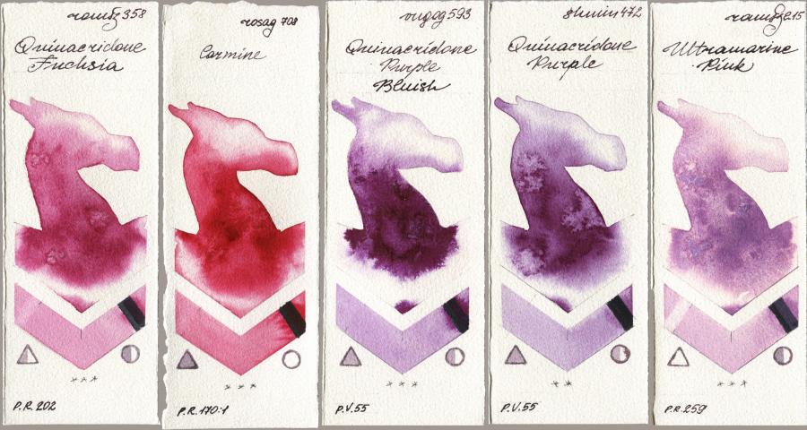 Roman Szmal Aquarius 358 Quinacridone Fuchsia vs Rosa Gallery 708 Carmine vs Royal Talens Van Gogh Watercolour 593 Quinacridone Purple Bluish vs Shminke Horadam Aquarell 472 Quinacridone Purple vs 215 Ultramarine Pink watercolor swatch