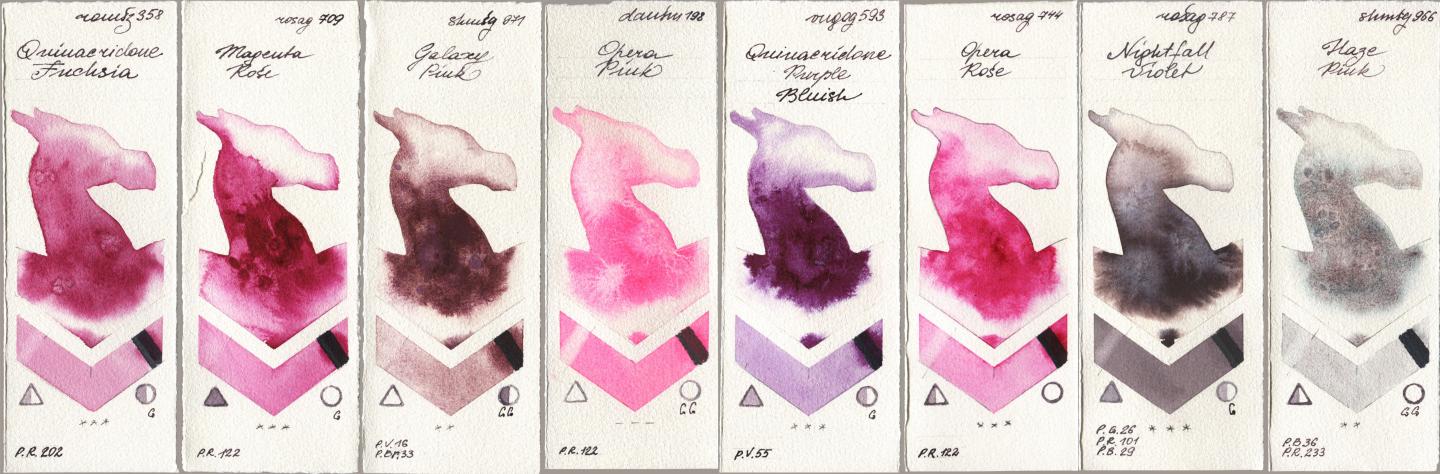 Roman Szmal Aquarius 358 Quinacridone Fuchsia, Rosa Gallery 709 Magenta Rose, Shminke Horadam Aquarell 971 Galaxy Pink, Daniel Smith 198 Opera Pink, Royal Talens Van Gogh Watercolour 593 Quinacridone Purple Bluish, 744 Opera Rose, 787 Nightfall Violet, 966 Haze Pi watercolor swatch