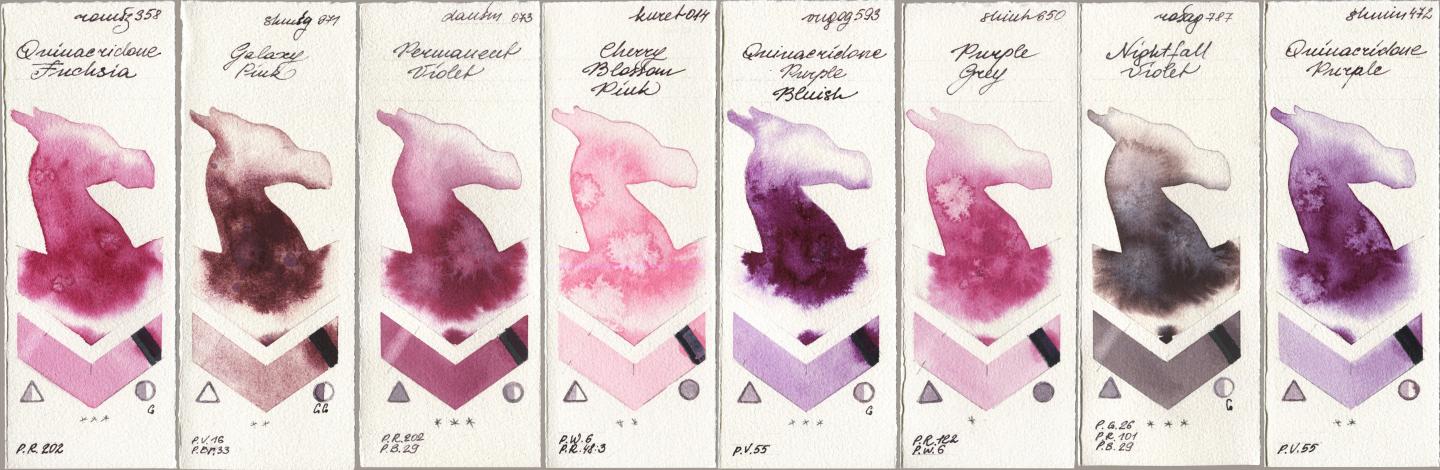 Roman Szmal Aquarius 358 Quinacridone Fuchsia, Shminke Horadam Aquarell 971 Galaxy Pink, Daniel Smith 073 Permanent Violet, Kuretake Gansai Tambi 014 Cherry Blossom Pink, Royal Talens Van Gogh Watercolour 593 Quinacridone Purple Bluish, Shinhan PWC 650 Purple Grey, Rosa Gallery 787 Nightfall Violet, 472 Quinacridone Purp watercolor swatch