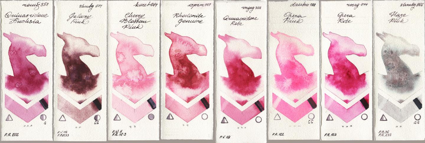 Roman Szmal Aquarius 358 Quinacridone Fuchsia, Shminke Horadam Aquarell 971 Galaxy Pink, Kuretake Gansai Tambi 014 Cherry Blossom Pink, Daniel Smith 167 Rhodonite Genuine, Royal Talens Van Gogh Watercolour 366 Quinacridone Rose, 198 Opera Pink, Rosa Gallery 744 Opera Rose, 966 Haze Pi watercolor swatch