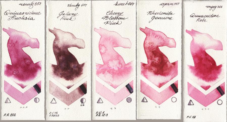 Roman Szmal Aquarius 358 Quinacridone Fuchsia vs Shminke Horadam Aquarell 971 Galaxy Pink vs Kuretake Gansai Tambi 014 Cherry Blossom Pink vs Daniel Smith 167 Rhodonite Genuine vs Royal Talens Van Gogh Watercolour 366 Quinacridone Rose watercolor swatch