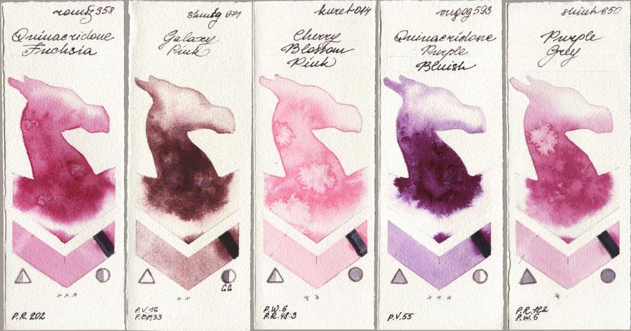 Roman Szmal Aquarius 358 Quinacridone Fuchsia vs Shminke Horadam Aquarell 971 Galaxy Pink vs Kuretake Gansai Tambi 014 Cherry Blossom Pink vs Royal Talens Van Gogh Watercolour 593 Quinacridone Purple Bluish vs Shinhan PWC 650 Purple Grey watercolor swatch