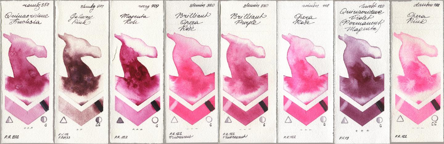 Roman Szmal Aquarius 358 Quinacridone Fuchsia, Shminke Horadam Aquarell 971 Galaxy Pink, Rosa Gallery 709 Magenta Rose, 920 Brilliant Opera Rose, 930 Brilliant Purple, Winsor & Newton Professional 448 Opera Rose, Holbein Artists Watercolor 120 Quinacridone Violet (Permanent Magenta), Daniel Smith 198 Opera Pi watercolor swatch