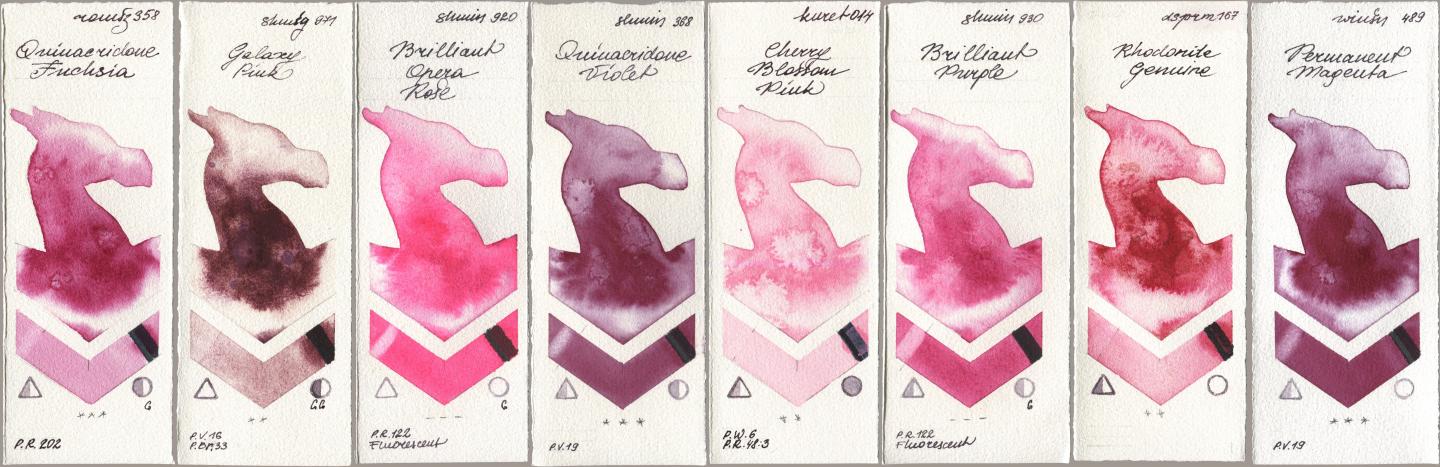 Roman Szmal Aquarius 358 Quinacridone Fuchsia, Shminke Horadam Aquarell 971 Galaxy Pink, 920 Brilliant Opera Rose, 368 Quinacridone Violet, Kuretake Gansai Tambi 014 Cherry Blossom Pink, 930 Brilliant Purple, Daniel Smith 167 Rhodonite Genuine, Winsor & Newton Professional 489 Permanent Magen watercolor swatch