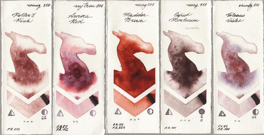 Roman Szmal Aquarius 359 Potters Pink vs Mijello Mission Gold 806 Aurora Red vs Rosa Gallery 757 Madder Brown vs 758 Caput Mortuum vs Shminke Horadam Aquarell 914 Volcano Violet watercolor swatch