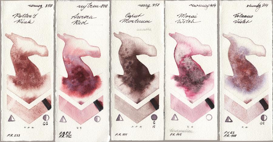 Roman Szmal Aquarius 359 Potters Pink vs Mijello Mission Gold 806 Aurora Red vs Rosa Gallery 758 Caput Mortuum vs Rockwell 414 Morai Witch vs Shminke Horadam Aquarell 914 Volcano Violet watercolor swatch