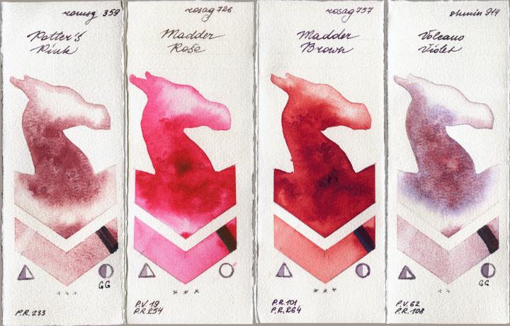 Roman Szmal Aquarius 359 Potters Pink vs Rosa Gallery 726 Madder Rose vs 757 Madder Brown vs Shminke Horadam Aquarell 914 Volcano Violet watercolor swatch