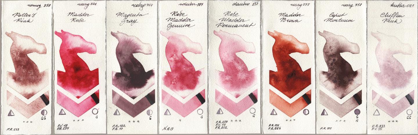 Roman Szmal Aquarius 359 Potters Pink, Rosa Gallery 726 Madder Rose, 764 Magenta Gray, Winsor & Newton Professional 587 Rose Madder Genuine, Daniel Smith 237 Rose Madder Permanent, 757 Madder Brown, 758 Caput Mortuum, Kusakabe 021 Chiffon Pi watercolor swatch