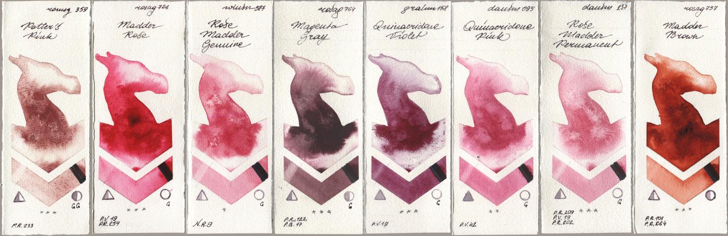 Roman Szmal Aquarius 359 Potters Pink, Rosa Gallery 726 Madder Rose, Winsor & Newton Professional 587 Rose Madder Genuine, 764 Magenta Gray, M. Graham & Co. Artists 158 Quinacridone Violet, Daniel Smith 095 Quinacridone Pink, 237 Rose Madder Permanent, 757 Madder Bro watercolor swatch