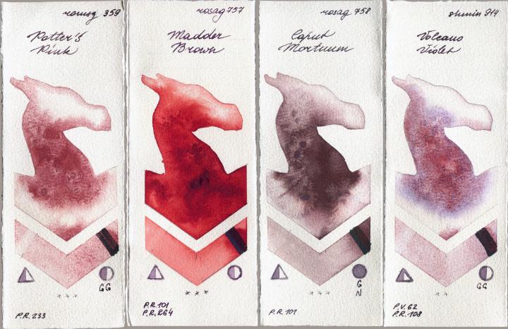 Roman Szmal Aquarius 359 Potters Pink vs Rosa Gallery 757 Madder Brown vs 758 Caput Mortuum vs Shminke Horadam Aquarell 914 Volcano Violet watercolor swatch