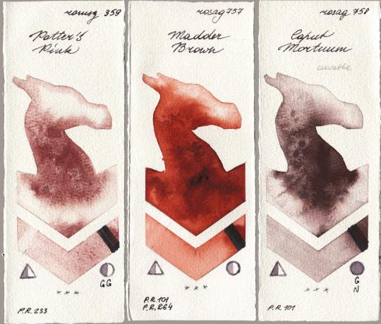 Roman Szmal Aquarius 359 Potters Pink vs Rosa Gallery 757 Madder Brown vs 758 Caput Mortuum watercolor swatch