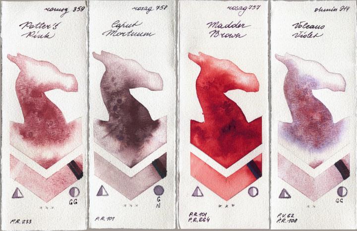 Roman Szmal Aquarius 359 Potters Pink vs Rosa Gallery 758 Caput Mortuum vs 757 Madder Brown vs Shminke Horadam Aquarell 914 Volcano Violet watercolor swatch