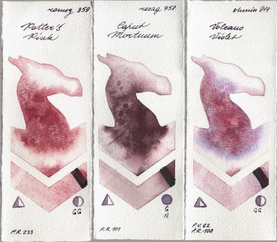 Roman Szmal Aquarius 359 Potters Pink vs Rosa Gallery 758 Caput Mortuum vs Shminke Horadam Aquarell 914 Volcano Violet watercolor swatch