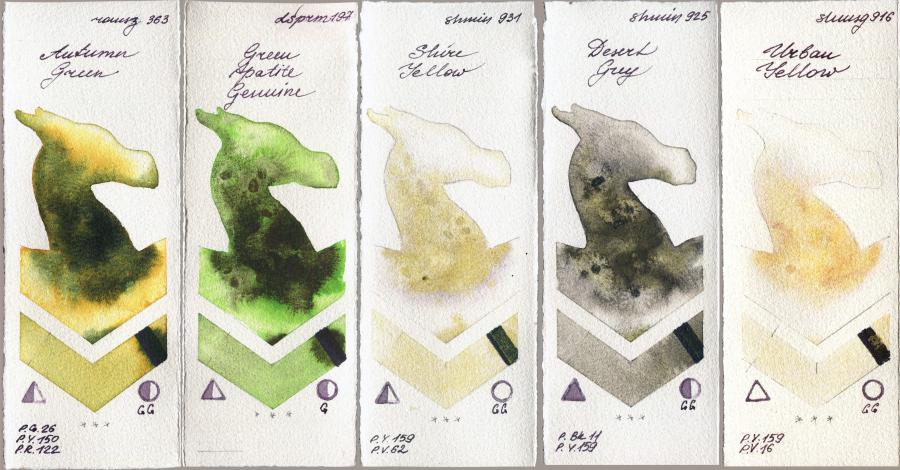 Roman Szmal Aquarius 363 Autumn Green vs Daniel Smith 197 Green Apatite Genuine vs Shminke Horadam Aquarell 931 Shire Yellow vs 925 Desert Grey vs 916 Urban Yellow watercolor swatch