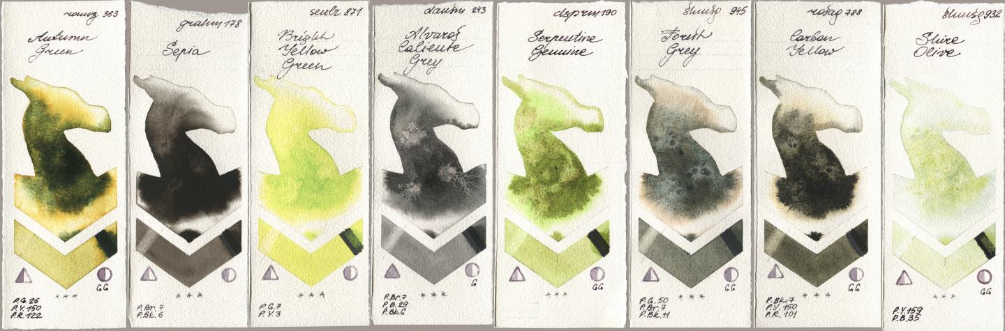 Roman Szmal Aquarius 363 Autumn Green, M. Graham & Co. Artists 178 Sepia, Sennelier l Aquarelle 871 Bright Yellow Green, Daniel Smith 243 Alvaros Caliente Grey, 190 Serpentine Genuine, Shminke Horadam Aquarell 945 Forest Grey, Rosa Gallery 788 Carbon Yellow, 932 Shire Oli watercolor swatch