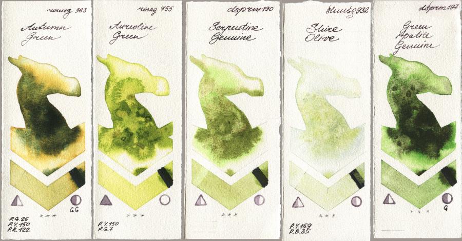 Roman Szmal Aquarius 363 Autumn Green vs Rosa Gallery 755 Aureoline Green vs Daniel Smith 190 Serpentine Genuine vs Shminke Horadam Aquarell 932 Shire Olive vs 197 Green Apatite Genuine watercolor swatch