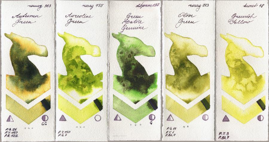 Roman Szmal Aquarius 363 Autumn Green vs Rosa Gallery 755 Aureoline Green vs Daniel Smith 197 Green Apatite Genuine vs 713 Olive Green vs Kuretake Gansai Tambi 48 Greenish Yellow watercolor swatch