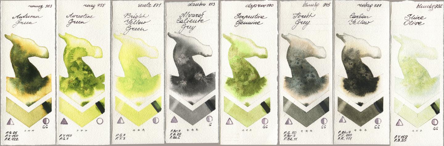 Roman Szmal Aquarius 363 Autumn Green, Rosa Gallery 755 Aureoline Green, Sennelier l Aquarelle 871 Bright Yellow Green, Daniel Smith 243 Alvaros Caliente Grey, 190 Serpentine Genuine, Shminke Horadam Aquarell 945 Forest Grey, 788 Carbon Yellow, 932 Shire Oli watercolor swatch