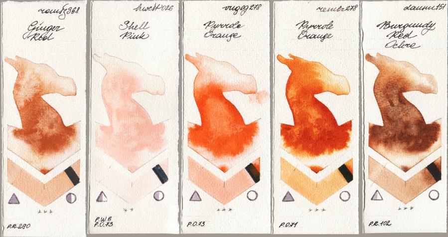 Roman Szmal Aquarius 368 Genger Red vs Holbein Artists Watercolor 026 Shell Pink vs Royal Talens Van Gogh Watercolour 278 Pyrrole Orange vs Royal Talens Rembrandt Watercolour 278 Pyrrole Orange vs Daniel Smith 151 Burgundy Red Ochre watercolor swatch