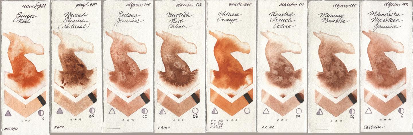 Roman Szmal Aquarius 368 Genger Red, Golden QOR 470 Burnt Sienna (Natural), Daniel Smith 145 Sedona Genuine, 136 English Red Ochre, Sennelier l Aquarelle 645 Chinese Orange, 171 Roasted French Ochre, 166 Mummy Bauxite, 143 Minnesota Pipestone Genui watercolor swatch