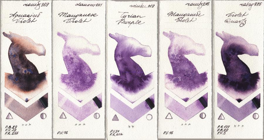 Roman Szmal Aquarius 369 Aquarius Violet vs Daniel Smith 261 Manganese Violet vs Winsor & Newton Professional 419 Tyrian Purple vs 216 Manganese Violet vs Rosa Gallery 785 Violet Quartz watercolor swatch