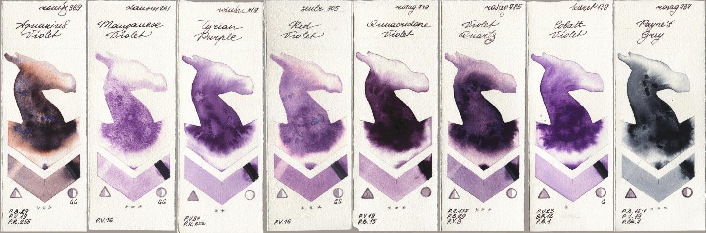 Roman Szmal Aquarius 369 Aquarius Violet, Daniel Smith 261 Manganese Violet, Winsor & Newton Professional 419 Tyrian Purple, Sennelier l Aquarelle 905 Red Violet, Rosa Gallery 749 Quinacridone Violet, 785 Violet Quartz, Kuretake Gansai Tambi 139 Cobalt Violet, 737 Paynes Gr watercolor swatch