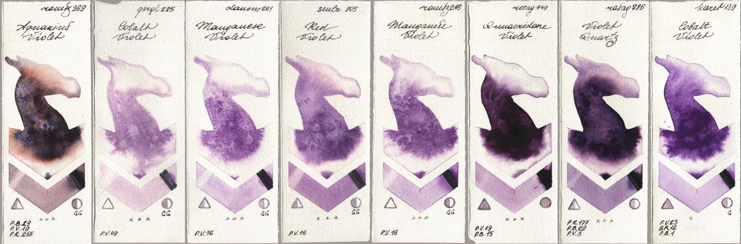 Roman Szmal Aquarius 369 Aquarius Violet, Golden QOR 285 Cobalt Violet, Daniel Smith 261 Manganese Violet, Sennelier l Aquarelle 905 Red Violet, 216 Manganese Violet, Rosa Gallery 749 Quinacridone Violet, 785 Violet Quartz, Kuretake Gansai Tambi 139 Cobalt Viol watercolor swatch