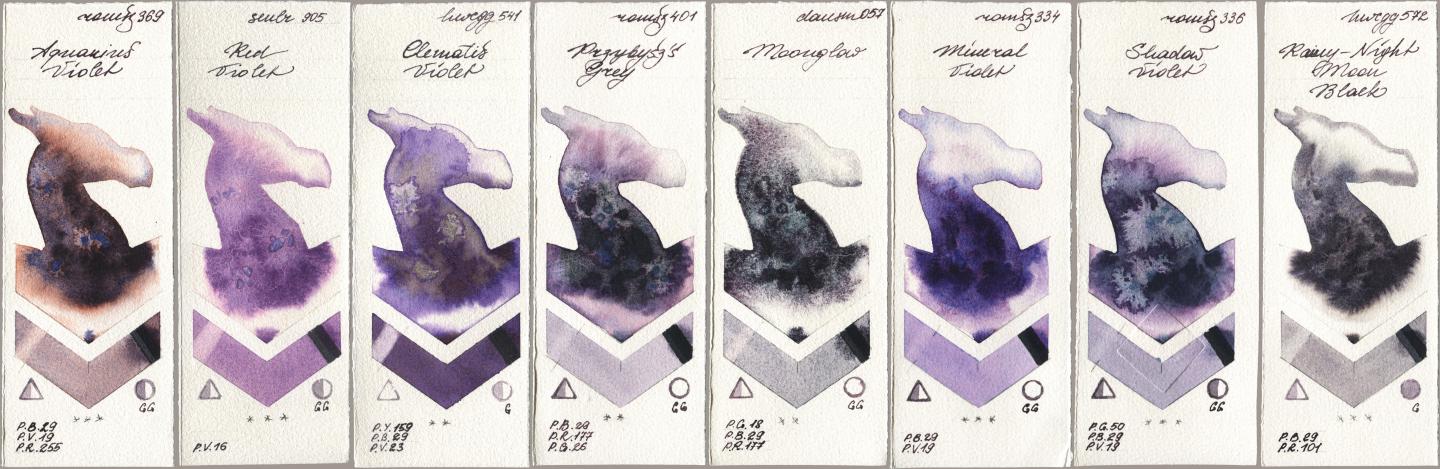 Roman Szmal Aquarius 369 Aquarius Violet, Sennelier l Aquarelle 905 Red Violet, Holbein Artists Watercolor 541 Clematis Violet, 401 Przybyszs Grey, Daniel Smith 057 Moonglow, 334 Mineral Violet, 336 Shadow Violet, 572 Rainy-Night Moon Ba watercolor swatch